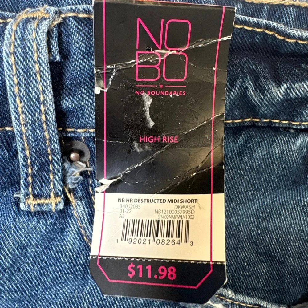 No Boundaries Womens High Rise Destructed Midi Denim Shorts Dark Wash Size 7 NEW